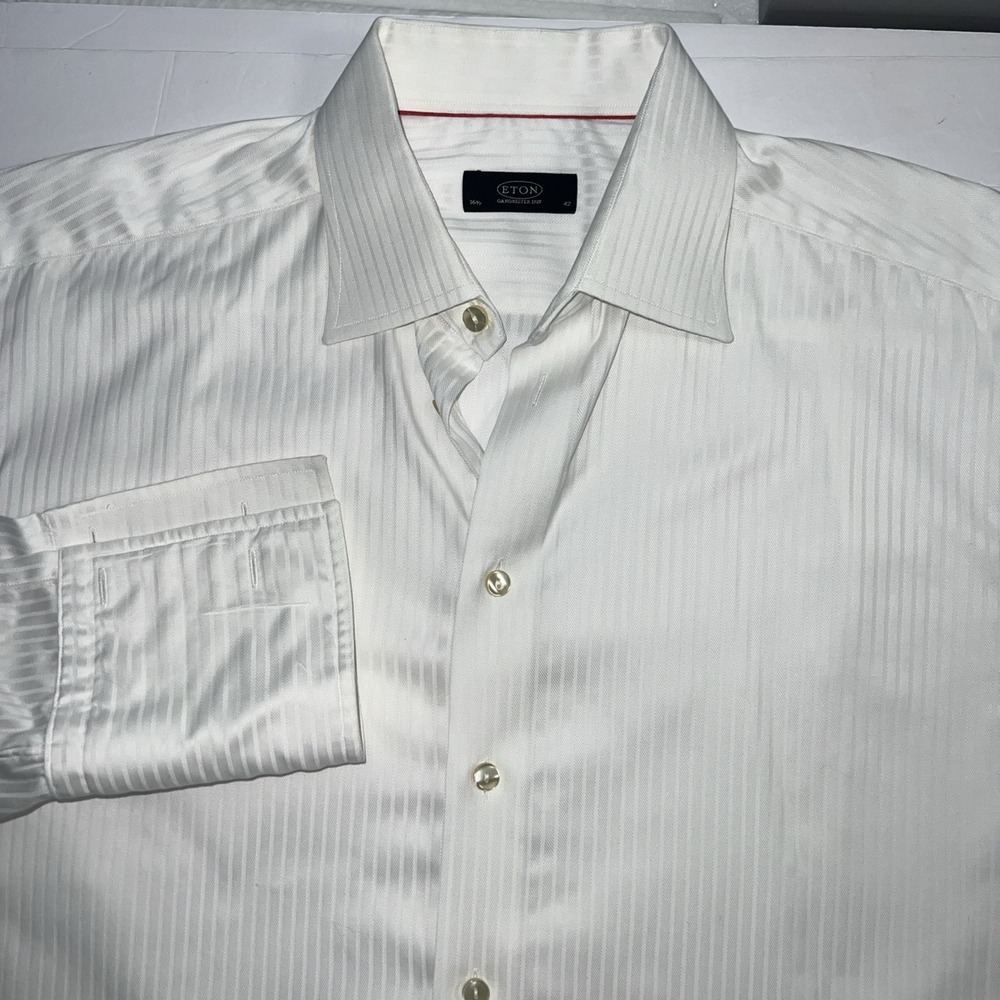 Eton Men's Ganghester White Textured Fine Stripe Twill Dress Shirt 16.5/42